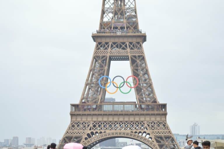 A group of people standing in front of the eiffel tower