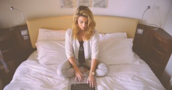 woman, working, bed