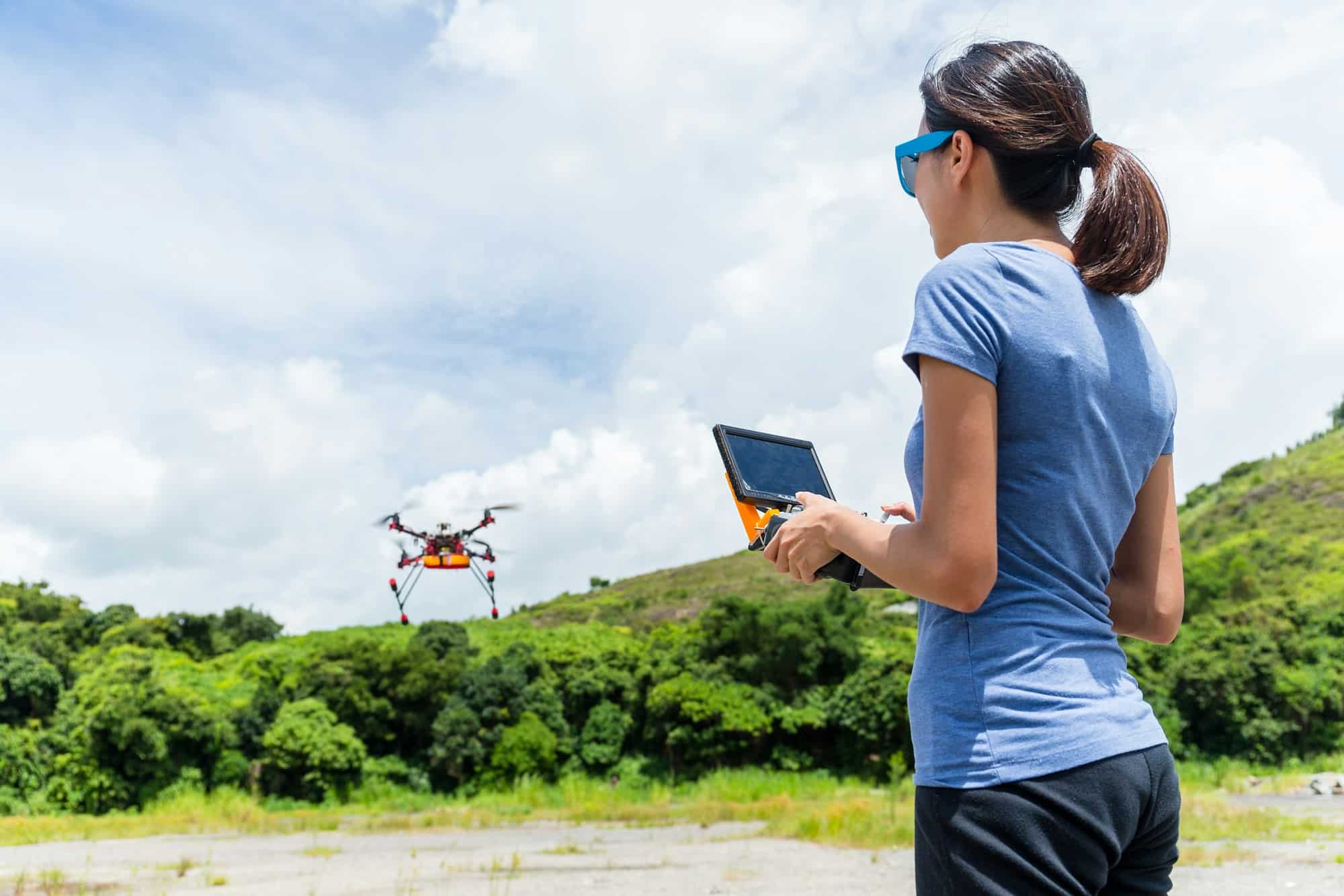 Woman play with drone