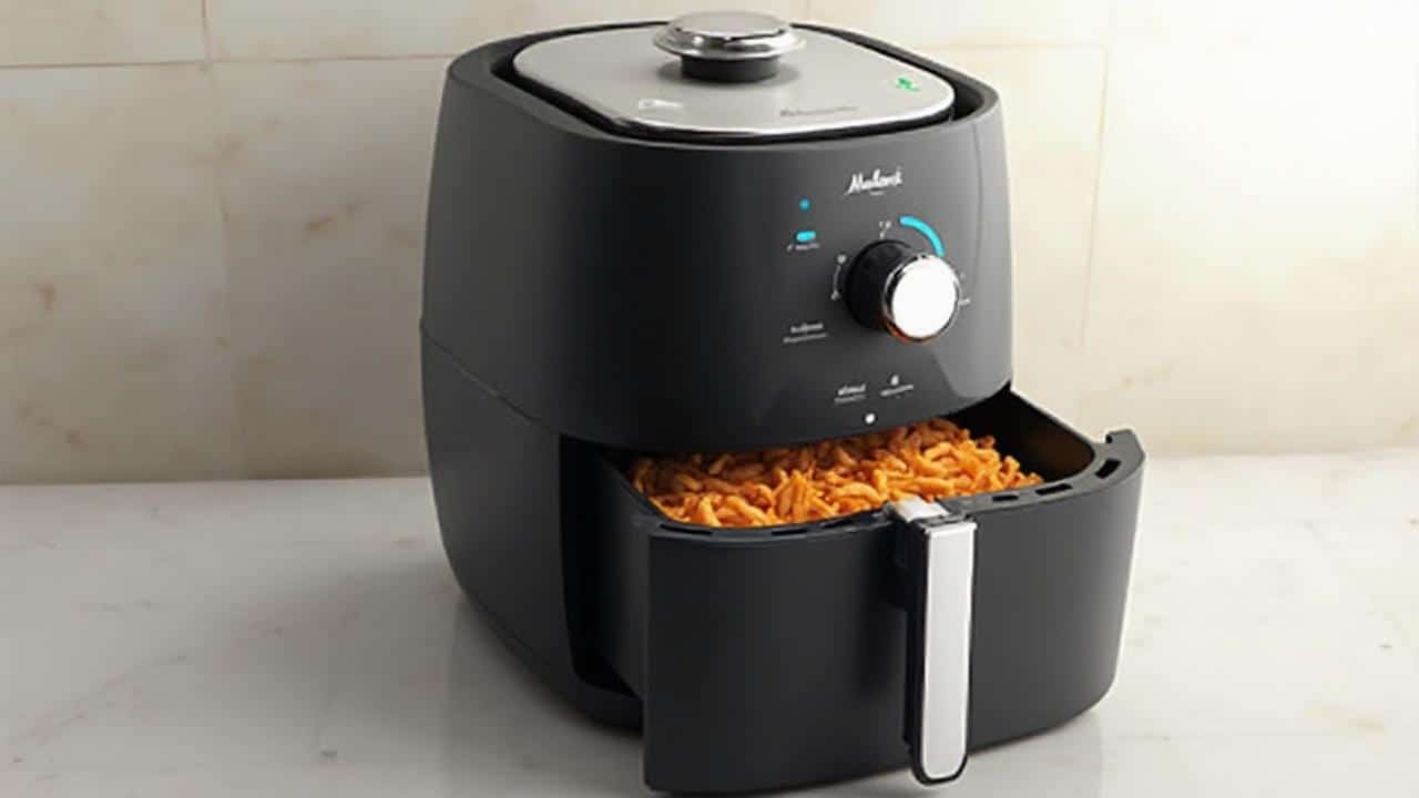 Image d'une friteuse à air chaud noire remplie de frites dorées