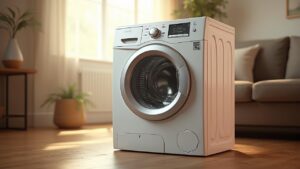 Lave-linge moderne dans un salon lumineux et confortable