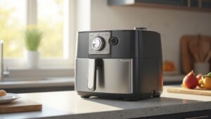 Robot de cuisine noir et argenté sur un comptoir de cuisine