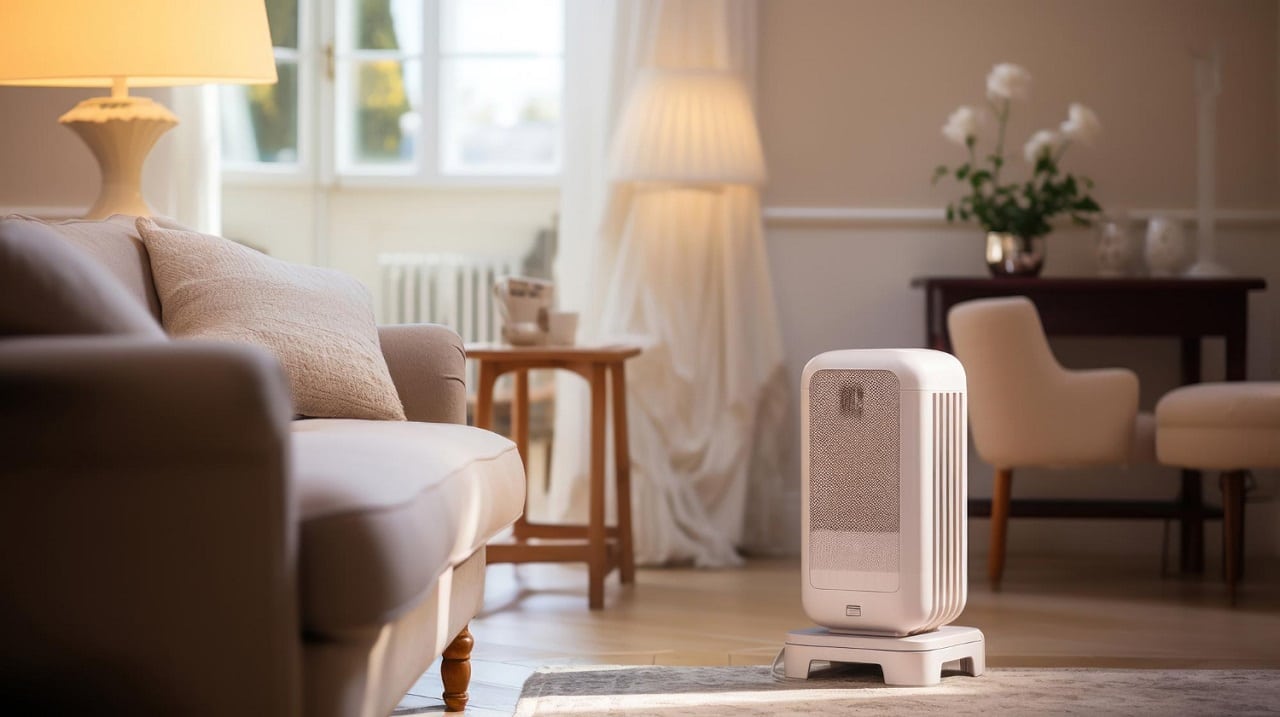 Un radiateur soufflant positionné au milieu d'un salon cocooning procurant un meilleur confort