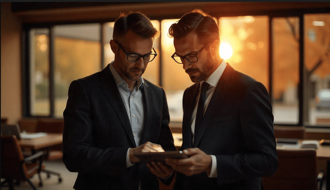 Deux hommes qui portent un costard et des lunettes. Ils travaillent sur une tablette tactile dans un bureau cocooning.