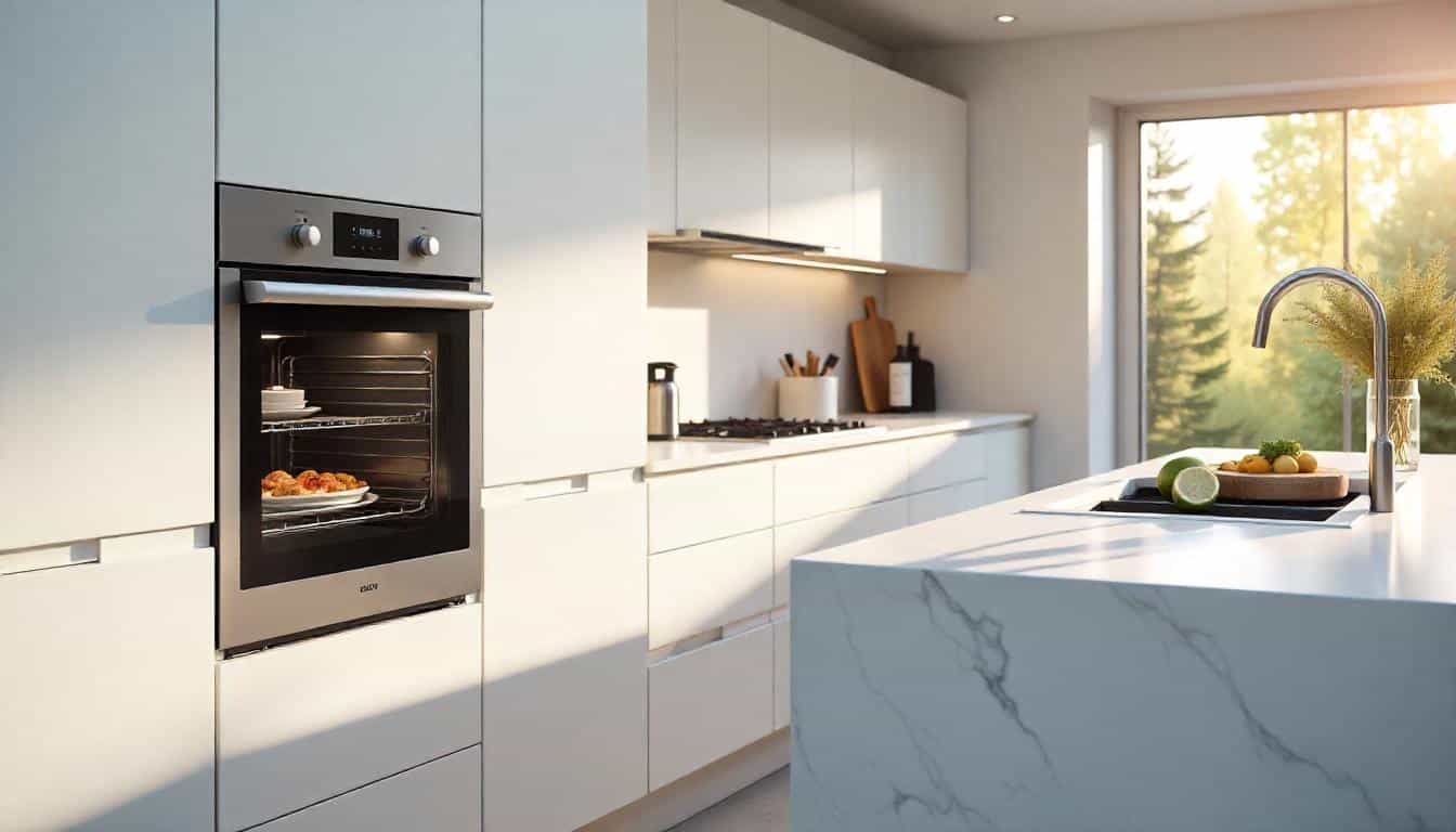 Un four encastrable Siemens installé dans un cuisine moderne blanche avec un ilot central en marbre blanc