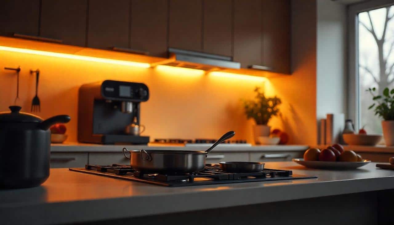 Une cuisine chaleureuse : des lumières orange qui éclairent le plan de travail, une belle machine à café, une grande gazinière.