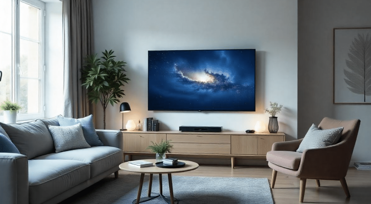 Un salon cocooning avec une belle télévision accrochée au mur.