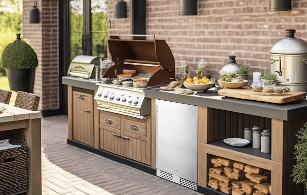 L'extérieur d'une maison, organisé comme un coin cuisine : on y trouve notamment un réfrigérateur de la marque Frigelux et un barbecue.