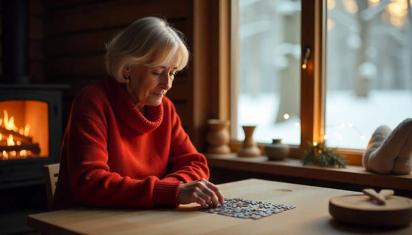 C'est l'hiver, une femme âgée fait un puzzle a coin du feu sur la table à manger